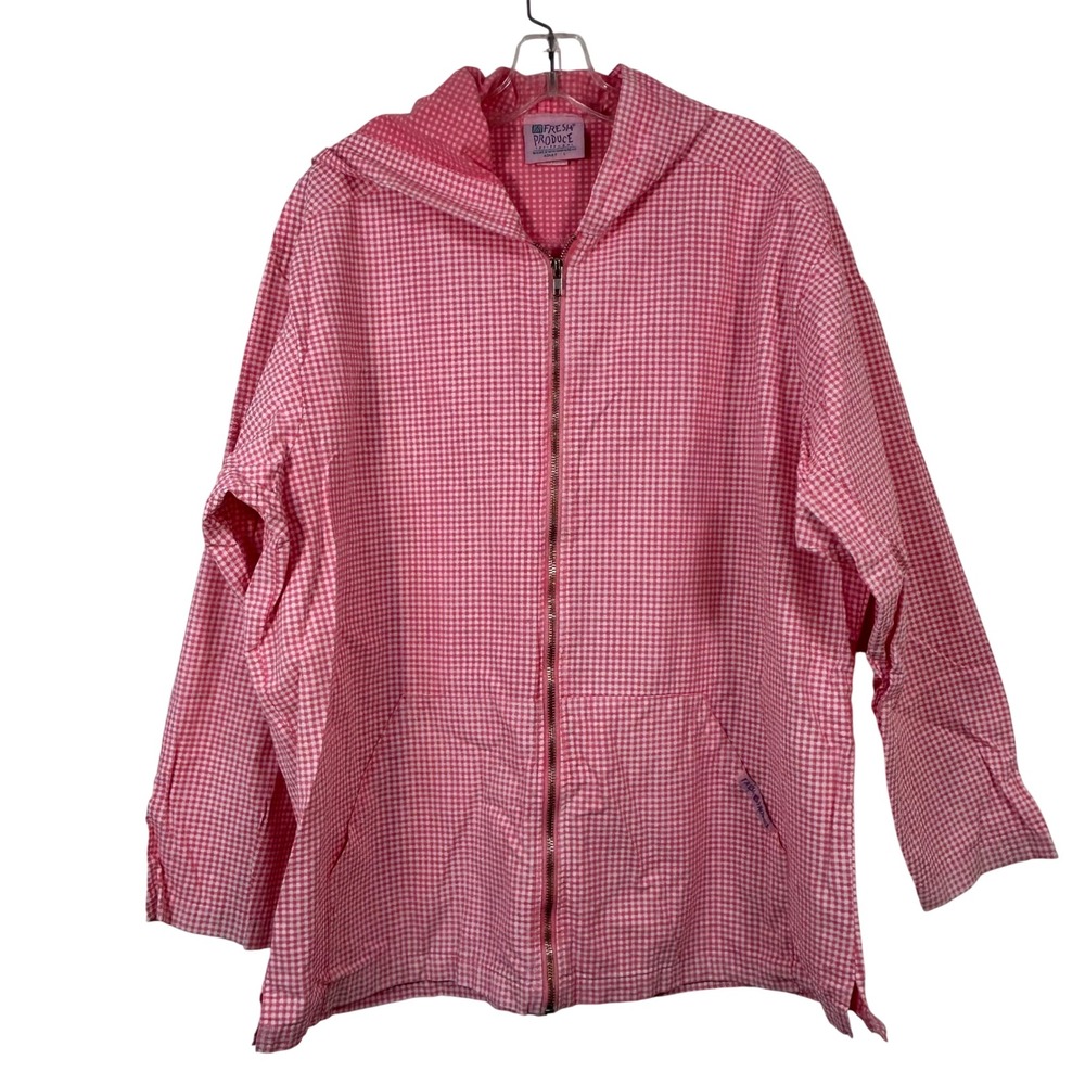 Fresh Produce Pink Gingham Hooded Zip Up Jacket Cotton Made in USA Adult Large